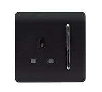 Trendi 1 Gang Raised Artistic Modern Glossy Screwless 13 Amp Single Pole with Chrome Switched UK Standard Electrical Double Wall Plug Socket in Matt Black - ART-SKT13MBK