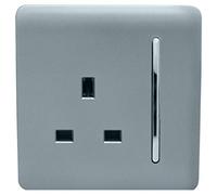 Trendi 1 Gang Raised Artistic Modern Glossy Screwless 13 Amp Single Pole with Chrome Switched UK Standard Electrical Double Wall Plug Socket in Cool Grey - ART-SKT13CG