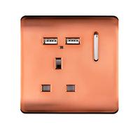 Trendi 1 Gang Single Switched Screwless Artistic Modern Glossy 13 Amp 2x Type A 2.1A USB Charging Port 13A Wall Outlet Plug Socket in Copper - ART-SKT13USBCPR