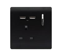 Trendi 1 Gang Single Switched Screwless Artistic Modern Glossy 13 Amp 2x Type A 2.1A USB Charging Port 13A Wall Outlet Plug Socket in Matt Black - ART-SKT13USBMBK