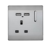 Trendi 1 Gang Single Switched Screwless Artistic Modern Glossy 13 Amp 2x Type A 2.1A USB Charging Port 13A Wall Outlet Plug Socket in Brushed Steel- ART-SKT13USBBS