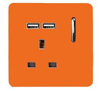 Trendi 1 Gang Single Switched Screwless Artistic Modern Glossy 13 Amp 2X Type A 2.1A USB Charging Port 13A Wall Outlet Plug Socket in Sunset Orange - ART-SKT13USBOR
