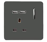 Trendi 1 Gang Single Switched Screwless Artistic Modern Glossy 13 Amp 2x Type A 2.1A USB Charging Port 13A Wall Outlet Plug Socket in Charcoal Grey - ART-SKT13USBCH