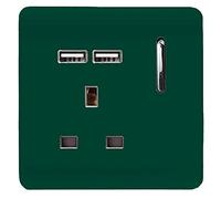 Trendi 1 Gang Single Switched Screwless Artistic Modern Glossy 13 Amp 2x Type A 2.1A USB Charging Port 13A Wall Outlet Plug Socket in Dark Forest Green - ART-SKT13USBDG
