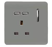 Trendi 1 Gang Single Switched Screwless Artistic Modern Glossy 13 Amp 2x Type A 2.1A USB Charging Port 13A Wall Outlet Plug Socket in Light Grey - ART-SKT13USBLG