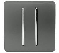 Trendi 2 Gang 2 Way 240V Screwless Raised Front Plate Plastic Artistic Modern Glossy 10 Amp Chrome Rocker Single Electrical Wall Light Switch Charcoal Grey - ART-SS4CH