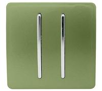 Trendi 2 Gang 2 Way 240V Screwless Raised Front Plate Plastic Artistic Modern Glossy 10 Amp Chrome Rocker Single Electrical Wall Light Switch Moss Green - ART-SS4MG