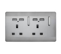 Trendi 2 Gang Artistic Modern 13 Amp 4 x 2.1mA USB Switched Tactile Plug Socket Stainless Steel