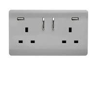 Trendi 2 Gang Artistic Modern Glossy 13 Amp 2 x 3.1mA USB Switched Plug Socket Steel