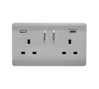 Trendi 2 Gang Artistic Modern Glossy 13 Amp 2 x Type A & C 3.1a USB Switched Plug Socket Brushed Steel