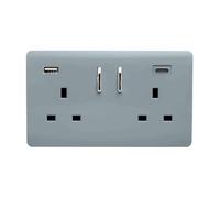 Trendi 2 Gang Artistic Modern Glossy 13 Amp 2 x Type A & C 3.1a USB Switched Plug Socket Cool Grey