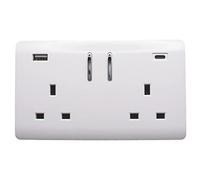 Trendi 2 Gang Artistic Modern Glossy 13 Amp 2 x Type A & C 3.1A USB Switched Plug Socket Ice White