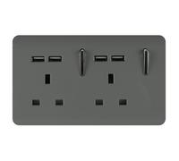 Trendi 2 Gang Artistic Modern Glossy Screwless Raised 13 Amp 240v Short 4 USB Type A Charging Points Double Chrome Switched Electrical Wall Plug Socket Charcoal Grey - ART-SKT213USBCH