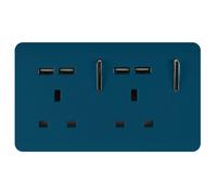 Trendi 2 Gang Artistic Modern Glossy Screwless Raised 13 Amp 240v Short 4 USB Type A Charging Points Double Chrome Switched Electrical Wall Plug Socket Midnight Blue - ART-SKT213USBMD