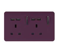 Trendi 2 Gang Artistic Modern Glossy Screwless Raised 13 Amp 240v Short 4 USB Type A Charging Points Double Chrome Switched Electrical Wall Plug Socket Plum Purple - ART-SKT213USBPL
