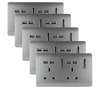 Trendi 2 Gang Artistic Modern Glossy 13 Amp Short USB Switched Plug Socket Silver (5 Pack)