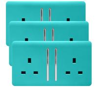 Trendi 2 Gang Artistic Modern Glossy 13 Amp Switched Plug Socket Bright Teal (3 Pack)