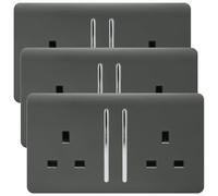 Trendi 2 Gang 13 Amp Switched Socket Long Rocker, Pack of 3 - Charcoal, Black