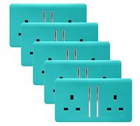 Trendi 2 Gang Artistic Modern Glossy 13 Amp Switched Tactile Plug Socket Bright Teal (5 Pack)