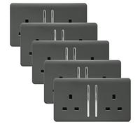 Trendi 2 Gang Artistic Modern Glossy 13 Amp Switched Tactile Plug Socket Charcoal (5 Pack)