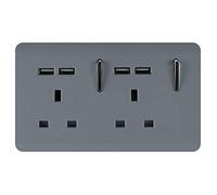 Trendi 2 Gang Artistic Modern Glossy Screwless Raised 13 Amp 240v Short 4 USB Type A Charging Points Double Chrome Switched Electrical Wall Plug Socket Warm Grey - ART-SKT213USBWG