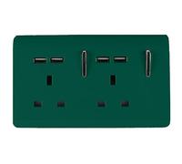 Trendi 2 Gang Artistic Modern Glossy Screwless Raised 13 Amp 240v Short 4 USB Type A Charging Points Double Chrome Switched Electrical Wall Plug Socket Dark Forest Green - ART-SKT213USBDG