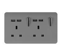 Trendi 2 Gang Artistic Modern Glossy Screwless Raised 13 Amp 240v Short 4 USB Type A Charging Points Double Chrome Switched Electrical Wall Plug Socket Light Grey - ART-SKT213USBLG