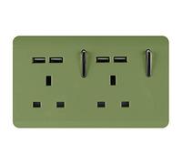 Trendi 2 Gang Artistic Modern Glossy Screwless Raised 13 Amp 240v Short 4 USB Type A Charging Points Double Chrome Switched Electrical Wall Plug Socket Moss Green - ART-SKT213USBMG