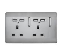 Trendi 2 Gang Artistic Modern Glossy Screwless Raised 13 Amp 240v Short 4 USB Type A Charging Points Double Chrome Switched Electrical Wall Plug Socket Brushed Steel- ART-SKT213USBBS