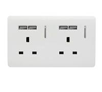Trendi 2 Gang Artistic Modern Glossy Screwless Raised 13 Amp 240v Short 4 USB Type A Charging Points Double Chrome Switched Electrical Wall Plug Socket Ice White - ART-SKT213USBWH