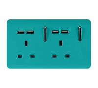 Trendi 2 Gang Artistic Modern Glossy Screwless Raised 13 Amp 240v Short 4 USB Type A Charging Points Double Chrome Switched Electrical Wall Plug Socket Bright Teal - ART-SKT213USBBT