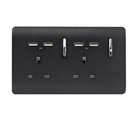 Trendi 2 Gang Artistic Modern Glossy Screwless Raised 13 Amp 240v Short 4 USB Type A Charging Points Double Chrome Switched Electrical Wall Plug Socket Matt Black - ART-SKT213USBMBK