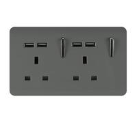 Trendi 2 Gang Artistic Modern Glossy Screwless Raised 13 Amp 240v Short 4 USB Type A Charging Points Double Chrome Switched Electrical Wall Plug Socket Charcoal Grey - ART-SKT213USBCH