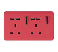 Trendi 2 Gang Artistic Modern Glossy Screwless Raised 13 Amp 240v Short 4 USB Type A Charging Points Double Chrome Switched Electrical Wall Plug Socket Strawberry Red - ART-SKT213USBSB