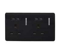Trendi 2 Gang Artistic Modern Glossy Screwless Raised 13 Amp 240v Short 4 USB Type A Charging Points Double Chrome Switched Electrical Wall Plug Socket Piano Black - ART-SKT213USBBK