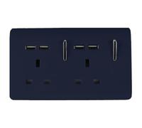 Trendi 2 Gang Artistic Modern Glossy Screwless Raised 13 Amp 240v Short 4 USB Type A Charging Points Double Chrome Switched Electrical Wall Plug Socket Navy Blue - ART-SKT213USBNV