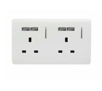 Trendi 2 Gang Artistic Modern Glossy Screwless Raised 13 Amp 240v Short 4 USB Type A Charging Points Double Chrome Switched Electrical Wall Plug Socket Ice White - ART-SKT213USBWH