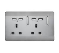 Trendi 2 Gang Modern 13 Amp 4 x 2.1mA USB Switched Tactile Plug Socket Steel