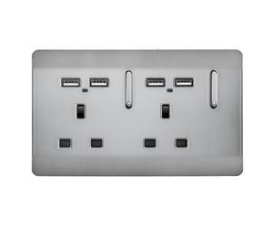 Trendi 2 Gang Modern 13 Amp 4 x 2.1mA USB Switched Tactile Plug Socket Steel