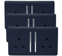 Trendi 2-Gang Navy 13A Switched Plug Socket, Screwless Faceplate, 3 Pack - ART-SKT213LNV-P3