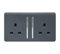Trendi 2 Gang Raised Artistic Modern Glossy Screwless 13 Amp Single Pole with Chrome Switched UK Standard Electrical Double Wall Plug Socket in Warm Grey - ART-SKT213LWG