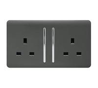 Trendi 2 Gang Raised Artistic Modern Glossy Screwless 13 Amp Single Pole with Chrome Switched UK Standard Electrical Double Wall Plug Socket in Charcoal Grey - ART-SKT213LCH