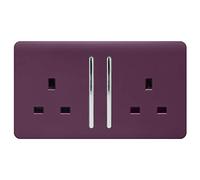 Trendi 2 Gang Raised Artistic Modern Glossy Screwless 13 Amp Single Pole with Chrome Switched UK Standard Electrical Double Wall Plug Socket in Plum Purple - ART-SKT213LPL