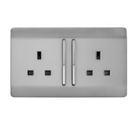 Trendi 2 Gang Raised Artistic Modern Glossy Screwless 13 Amp Single Pole with Chrome Switched UK Standard Electrical Double Wall Plug Socket in Brushed Steel - ART-SKT213LBS
