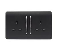 Trendi 2 Gang Raised Artistic Modern Glossy Screwless 13 Amp Single Pole with Chrome Switched UK Standard Electrical Double Wall Plug Socket in Matt Black - ART-SKT213LMBK