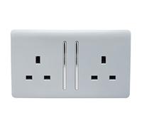 Trendi 2 Gang Raised Artistic Modern Glossy Screwless 13 Amp Single Pole with Chrome Switched UK Standard Electrical Double Wall Plug Socket in Platinum Silver - ART-SKT213LSI