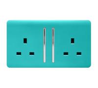Trendi 2 Gang Raised Artistic Modern Glossy Screwless 13 Amp Single Pole with Chrome Switched UK Standard Electrical Double Wall Plug Socket in Bright Teal - ART-SKT213LBT