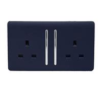 Trendi 2 Gang Raised Artistic Modern Glossy Screwless 13 Amp Single Pole with Chrome Switched UK Standard Electrical Double Wall Plug Socket in Navy Blue - ART-SKT213LNV