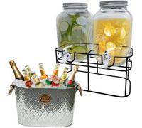 Trendi 2 X 4L Glass Drinks Dispenser With Taps And Metal Stand And 24L Cold Drinks Galvanised Steel Oval Tub Outdoor Ice Bucket Co