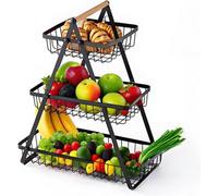 Trendi 3-Tier Mesh Fruit Basket With Wooden Handle, Metal Fruit & Vegetable Stand, Kitchen Counter Storage, Black